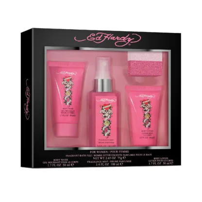 Ed Hardy Women Gift Set 100ml Body Mist + 50ml Body Wash + 50ml Body Lotion + 75g Bath Fizz