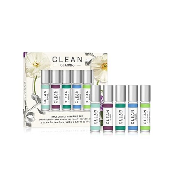 Clean Classic Rollerball Layering Gift Set 5ml Warm Cotton EDP + 5ml Skin EDP + 5ml Rain EDP + 5ml Pure Soap EDP + 5ml Apple Blossom EDP