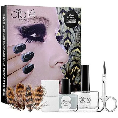 Ciate Feathered Manicure Ruffle My Feathers Gift Set 5ml Chincilla Nail Polish + 13ml Speed Coat Pro + Scissors + Nail File Block + Genuine Feathers