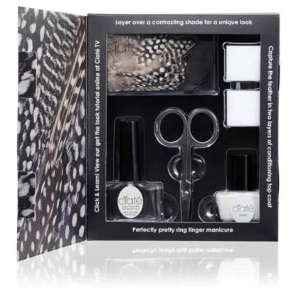 Ciate Feathered Manicure What A Hoot Gift Set 13.5ml Fast Dry Top Coat Speed Coat Pro 014 + 5ml Mini Nail Polish - Snow Virgin 001 + Scissors + Nail File Block + Feathers