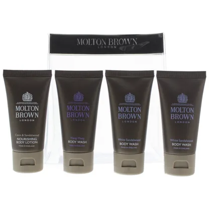 Molton Brown 4 Piece Gift Set: Coco Sandalwood Body Lotion 30ml - Ylang Ylang Body Wash 30ml - 2 x White Sandalwood Body Wash 30ml