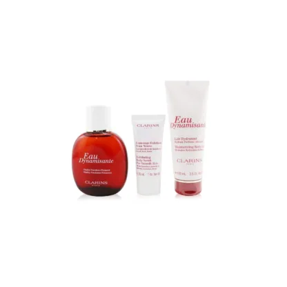 Clarins Eau Dynamisante Gift Set 100ml Eau Dynamisante + 30ml Exfoliating Body Scrub + 100ml Moisturizing Body Lotion + Toiletry Bag