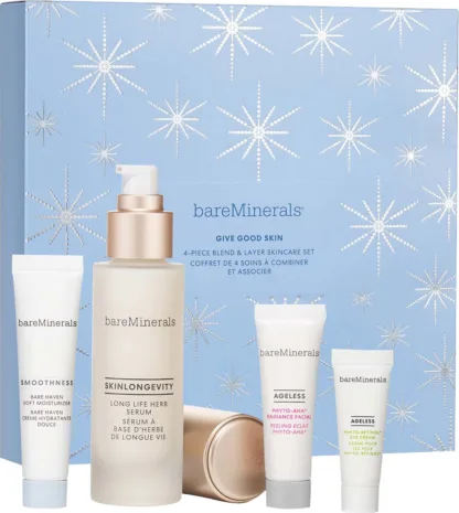 Bare Minerals Give Good Skin 4 Piece Gift Set: Skinlongevity Serum 30ml - Soft Moisturiser 15ml - Phyto-Retinol Eye Cream 5g -AHA Radiance Facial 10ml