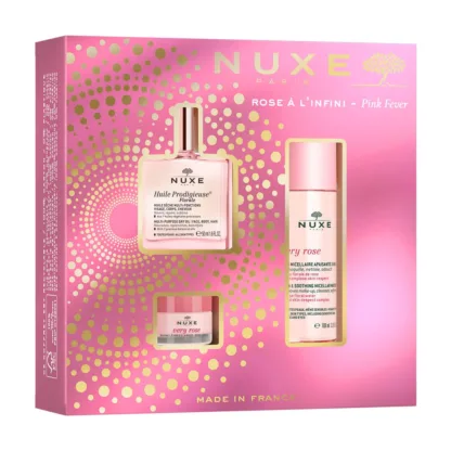 Nuxe Pink Fever Gift Set 50ml Huile Prodigieuse Florale + 100ml Very Rose 3-in-1 Soothing Micellar Water + 15g Very Rose Rose Lip Balm