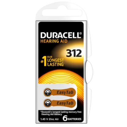 Duracell Easy Tab 312 Hearing Aid Batteries - 6 Pack