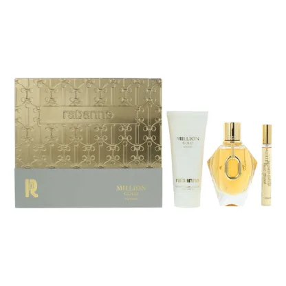 Paco Rabanne Million Gold 3 Piece Gift Set: Eau de Parfum 90ml - Body Lotion 100ml - Eau de Parfum 10ml